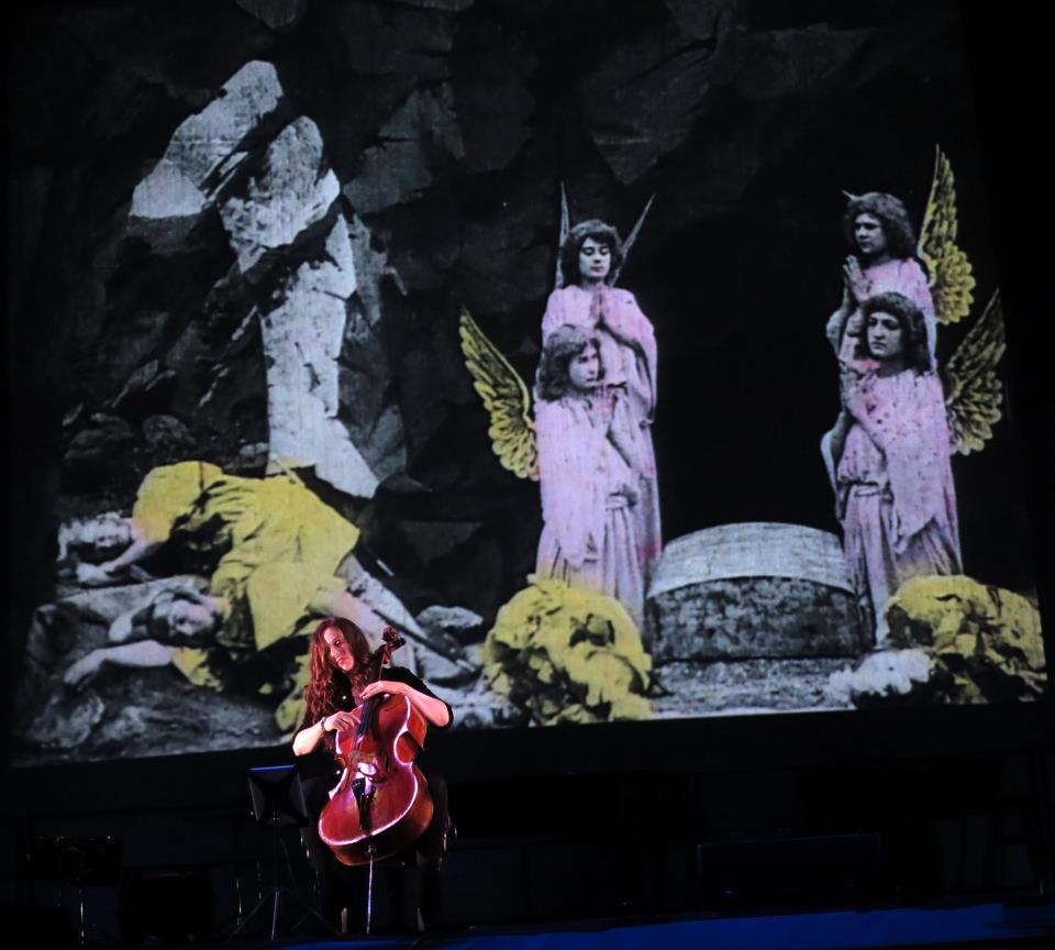 Maya Beiser performing Just Ancient Loop with Bill Morrison's film of the same name at MOMA